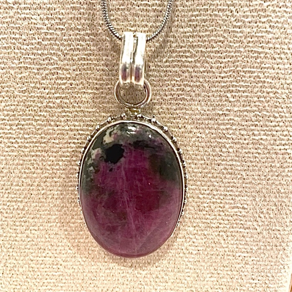 Rhodonite Cabochon Natural Stone Pendant Necklace. 925 Sterling Setting | EUC